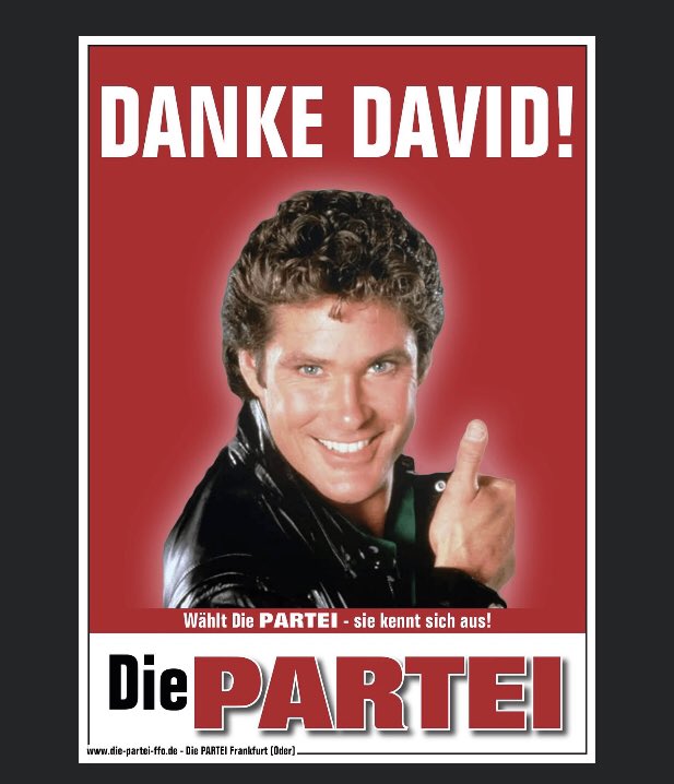 diepartei_ffo's tweet photo. 30 Jahre Deutschland - Das wird gefeiert! Auch wenn wir irgendwann eine Mauer bauen werden, gebührt unserem Dank vielen besonderen Menschen. Und @DavidHasselhoff 
#TagderDeutschenEinheit #Feiertag #Wiedervereinigung #DiePARTEI #niewiederCDU #TrumpHasCovid https://t.co/cIx2bXDobJ