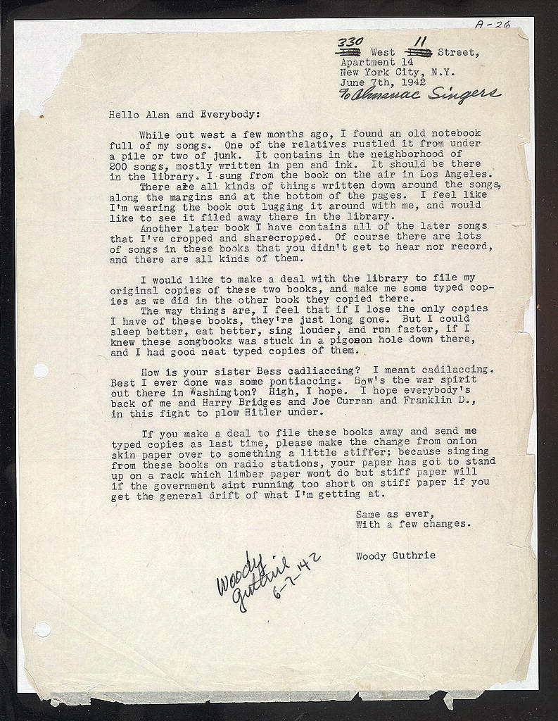 Guthrie, who is helping Lomax with his collecting, writes to him, 6/1942, concerned about a notebook & his legacy. “There are all kinds of things written down around the songs, along the margins & at the bottom of the pages. #OTD#WoodyGuthrie