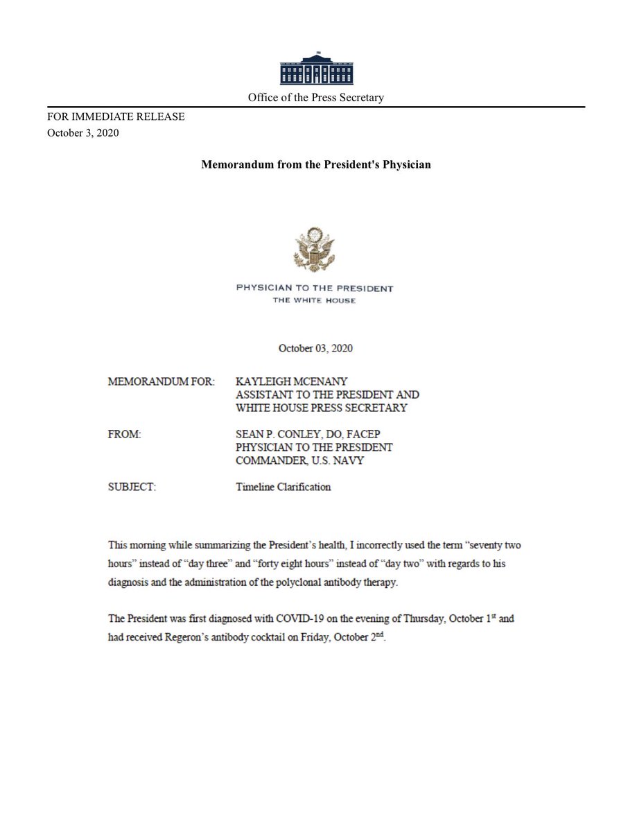 Acosta's tweet image. WH doc: “I incorrectly used the term “seventy two hours” instead of “day three” and “fourth eight hours” instead of “day two” with regards to his diagnosis and the administrations of the polyclonal antibody therapy.”