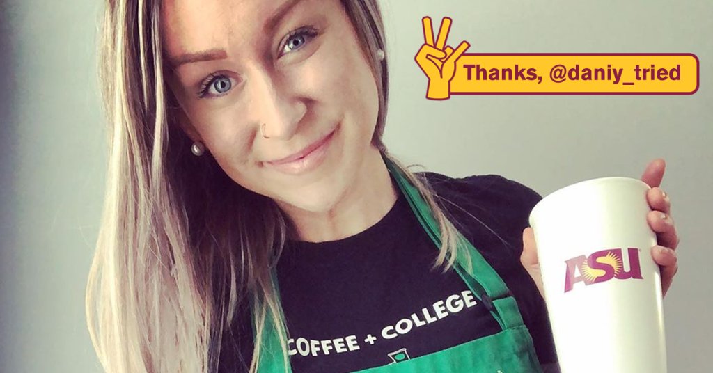 asuonline's tweet photo. Work at Starbucks, go to college. Coffee β and college π , it's really that simple. Danielle is pursing a degree in Organizational Leadership at ASU Online. Don't forget to say, "Hi fellow partner". #tobeincollege #tobeapartner #scapscholar #ASUOnline #ASU #Starbucks https://t.co/qfqvl8i7Lo