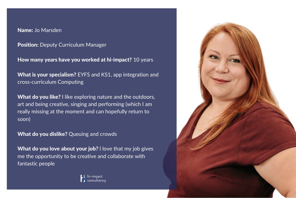 hiimpactconsult's tweet photo. Jo is such an integral part of the hi-impact family and as one of the longest running staff members you have probably met or spoken to her if you have worked with hi-impact! Here's a little bit more information about our Deputy Curriculum Manager, Jo...
#staffintroductions https://t.co/yTb007CXTM