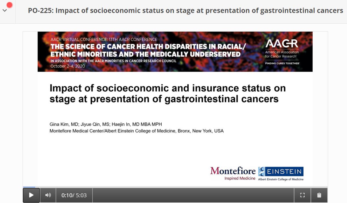 gkimMD's tweet photo. My poster/presentation at #AACRdisp20 this weekend. Socioeconomic disparity in stage at presentation was driven almost entirely by insurance status. Better insurance = earlier presentation = more treatment options, including surgery! Thnx @MontefioreSurg for the support! https://t.co/E61JHncxsF