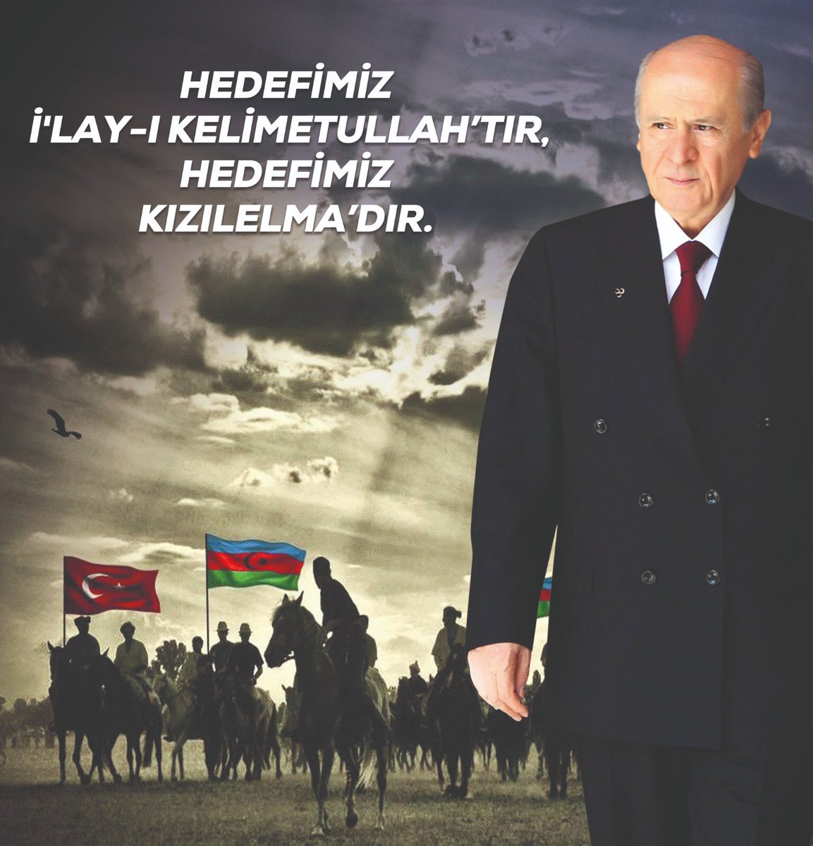 4) Bilinmelidir ki; Karabağ davasında batıla karşı Hakk’ın savunucuları olmaya devam edeceğiz.Karabağ'da hak iddia edenlere bir hususu hatırlatalım: Cihan yıkılsa emin olun Karabağ'dan vazgeçmeyiz. Hedefimiz İ'lay-ı Kelimetullah’tır, hedefimiz Kızılelma’dır. 
#KızılelmaKarabağ