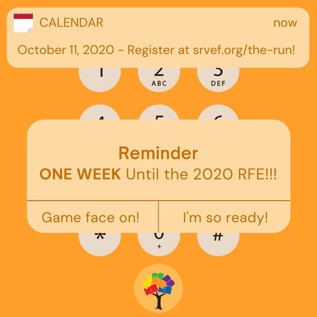 🚨This is NOT a drill!!!🚨 The #SRVEFRun2020 is only ONE WEEK AWAY! 🎽👟Get your game face on, and make sure you're registered already at srvef.org/the-run 📣🔔
 #VirtualRaceWeek
#10k #5k #MiniRun #FriendshipRun
#Countdown
#FamilyFun  #FriendshipRun
#SRVEF #SupportSRVUSD