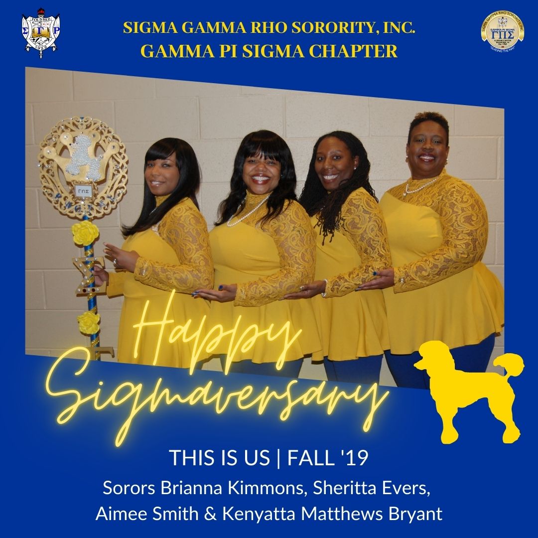 SGRHO_GPS's tweet photo. Gamma Pi Sigma is screaming Happy Sigmaversary to our BLUtiful Sorors of THIS IS US | FALL '19.

Soror Brianna Kimmons
Soror Sheritta Evers
Soror Aimee Smith
Soror Kenyatta Matthews Bryant

#WeAreGPS #GpsBIGGER #Sgrho1922
#SigmaGammaRho https://t.co/bUk7rF9Xd4