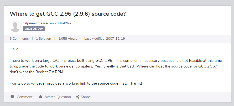 and it turns out at least one person did run into this problem.they've got GCC 2.96 only code.