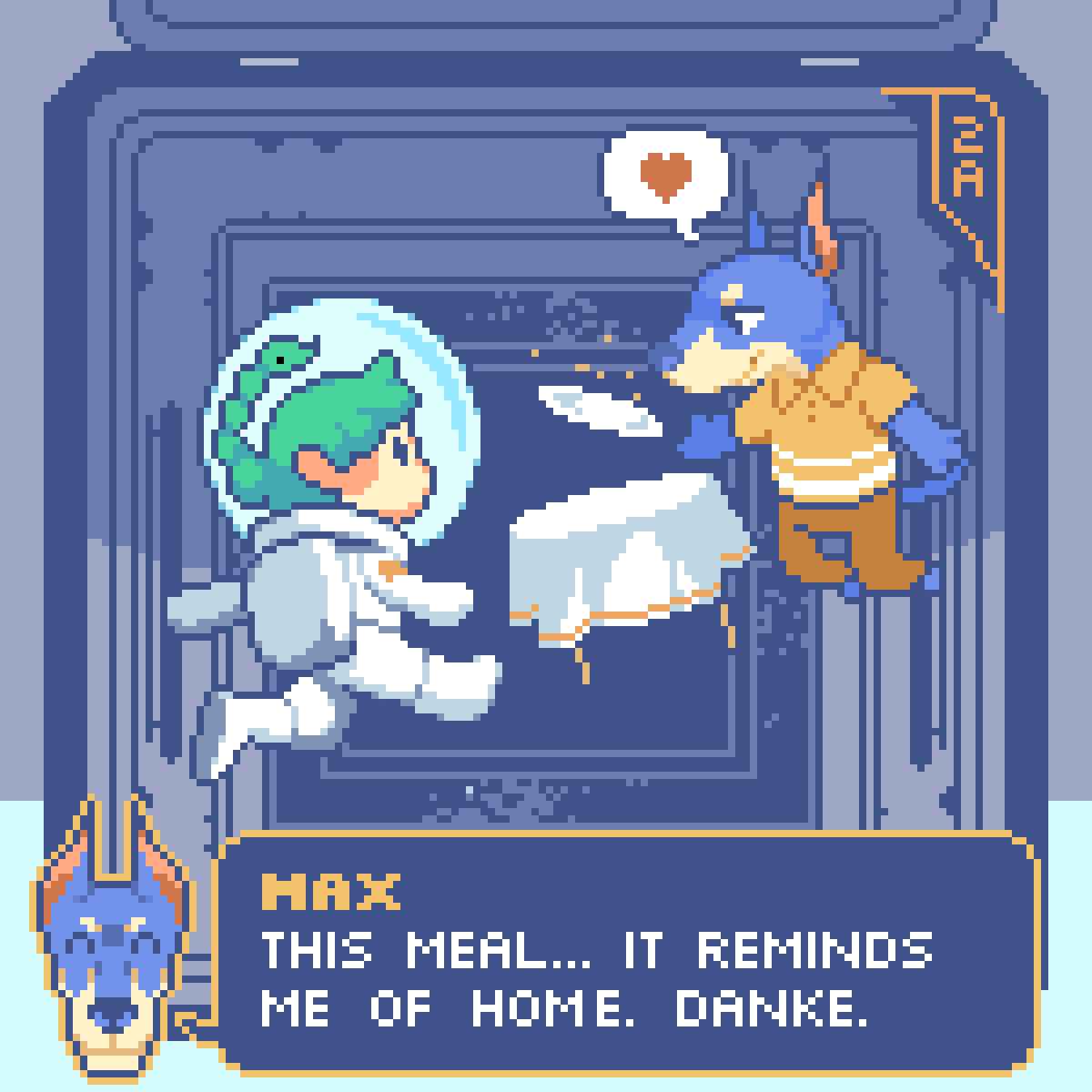 anderk_aya's tweet photo. not what i usually post, but i thought it would be fun to share a school project from last year! mockups for a tiny game where you make space food to make friends with a doberman 🐶

 #pixelart #space #spacecooking #indiegame #astronaut https://t.co/xdPReHnb2I