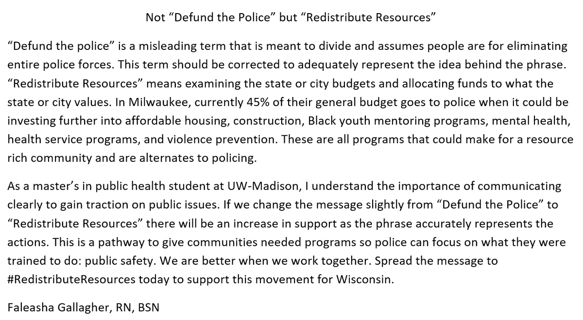FaleashaKay's tweet photo. Defund the police is a misleading term.
@SpectrumNews1WI #PUBLHLTH791 #RedistributeResources https://t.co/d7oK4d7lpD