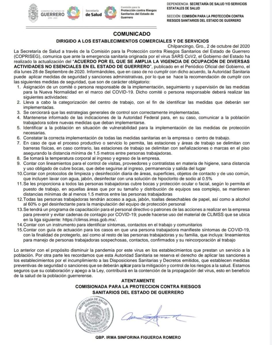 COPRISEGro's tweet image. COMUNICADO DIRIGIDO A LOS ESTABLECIMIENTOS COMERCIALES Y DE SERVICIOS