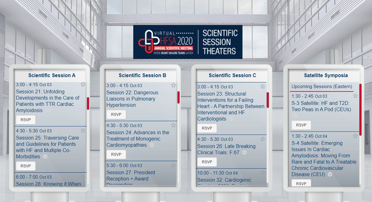 We’ve got three blocks of Scientific Sessions coming up at 3:00, 4:30, and 6:00 PM EDT. Check out sessions in the photo and in the #HFSA2020 Scientific Session Theater Lobby. virtual.hfsa.org