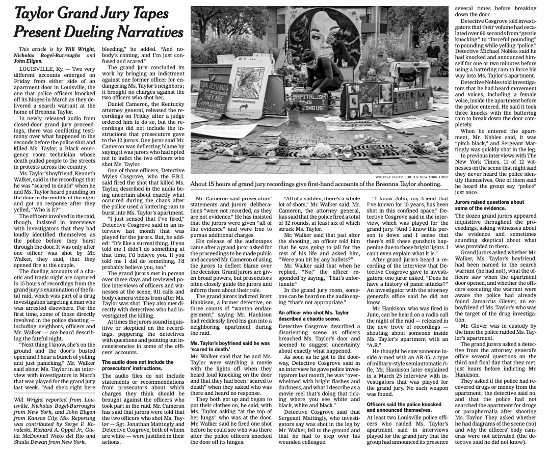 15 hours of newly-released audio from the Breonna Taylor case reveal chaotic, conflicting accounts from people on either side of her apartment door — the one officers knocked off its hinges in March before killing her.In today's  @nytimes:  https://www.nytimes.com/2020/10/02/us/breonna-taylor-grand-jury-audio-recording.html
