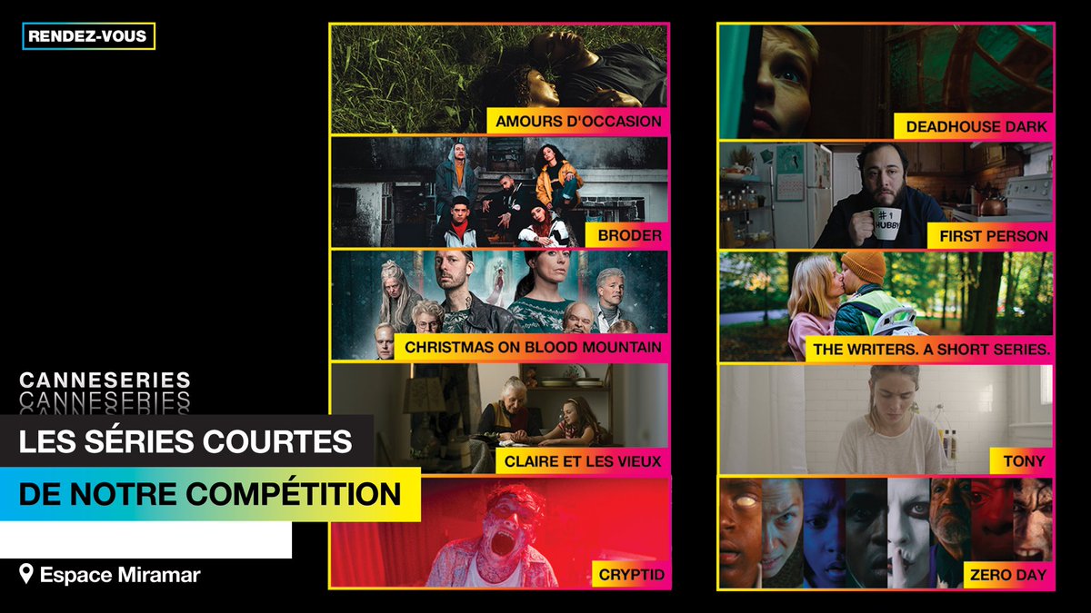 PROJECTION 🎥  Les Séries Courtes de notre Compétition

Venez visionner des épisodes de nos 10 Séries Courtes en Compétition ! 

💻 Bon à savoir, toutes les Séries Courtes seront aussi disponibles sur #CANNESERIESLIVE dès le 9 octobre.

 #CANNESERIES