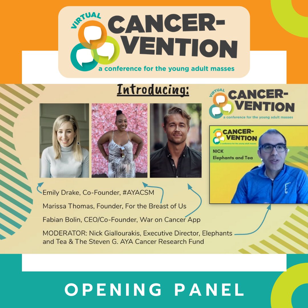 Cancervention is well underway and here is our amazing opening panel! It's truly a global connection as @ek_drake is hailing from Nova Scotia, <a href="/marissadt28/">Marissa Thomas</a> from Seattle, <a href="/FabianBolin/">Fabian Bolin</a>  from Sweden, and Nick from Cleveland!
#Cancervention2020