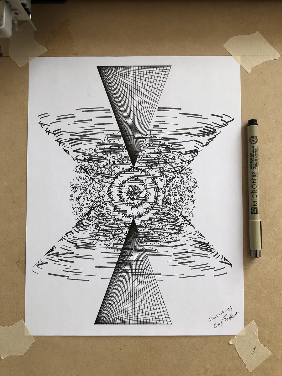 Day 3 of  #Inktober with the plotter, now featuring ~color~!Also attached is the black and white test print and a cool error I got with my  @openframeworks code that I can't print, but which made for a good screenshot #inktober2020 #inktober2020day3 #plottertwiter