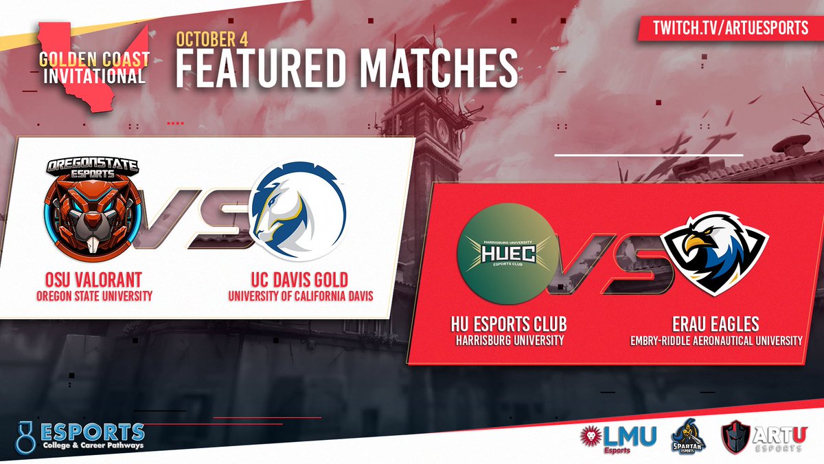 Pacific Gauntlet (@pacificgauntlet) on Twitter photo Announcing our opening day broadcast matches for the Golden Coast Invitational Sponsored by <a href="/esportsccp/">Esports College & Career Pathways</a>!
โ๏ธMatch 1: <a href="/OSUEsports/">Esports at OSU</a> vs <a href="/AggieGaming/">Aggie Gaming at UC Davis</a>
โ๏ธMatch 2: @huesportsclub vs <a href="/ERAUEsports/">ERAU Esports</a>
๐
October 4th
โฐ12pm PST & 1pm PST
๐บtwitch.tv/artuesports Announcing our opening day broadcast matches for the Golden Coast Invitational Sponsored by <a href="/esportsccp/">Esports College & Career Pathways</a>!
โ๏ธMatch 1: <a href="/OSUEsports/">Esports at OSU</a> vs <a href="/AggieGaming/">Aggie Gaming at UC Davis</a>
โ๏ธMatch 2: @huesportsclub vs <a href="/ERAUEsports/">ERAU Esports</a>
๐
October 4th
โฐ12pm PST & 1pm PST
๐บtwitch.tv/artuesports