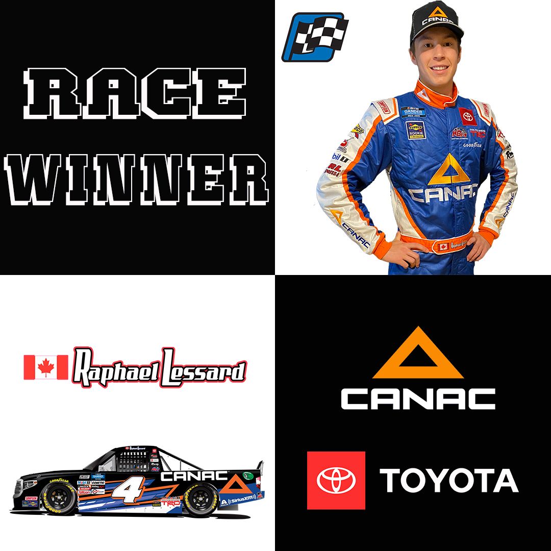 .<a href="/raphael_lessard/">Raphaël Lessard</a> brings the <a href="/canac_ca/">Canac</a> home as the winner.

The <a href="/iBUYPOWER/">iBUYPOWER</a> Tundra of @CSmithDrive unofficially finishes third. The <a href="/safelite/">Safelite</a> Tundra of <a href="/christianeckes/">Christian Eckes</a> unofficially finishes 18th.