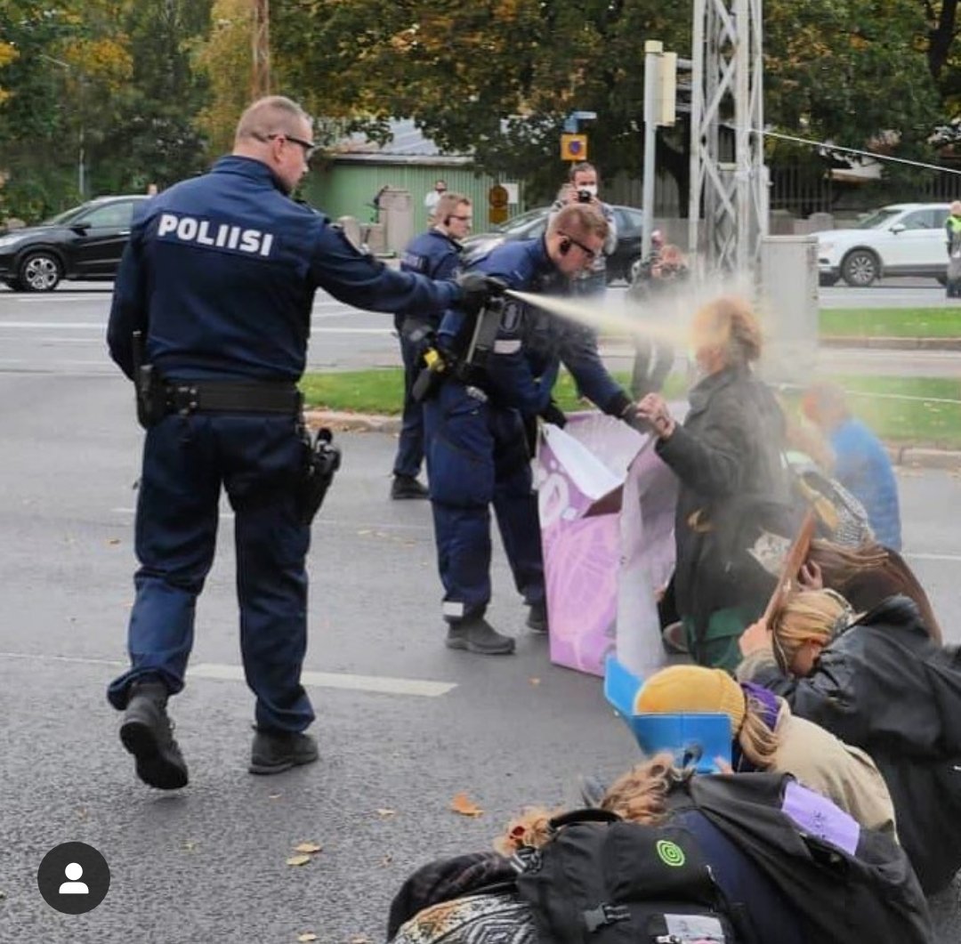 Today, as we were peacefully protesting for climate action, we got pepper-sprayed at point-blank range. We are a nonviolent movement and today's experience of police violence only strengthens my conviction: we are doing the right thing. They are not. #elokapina #XR #syyskapina