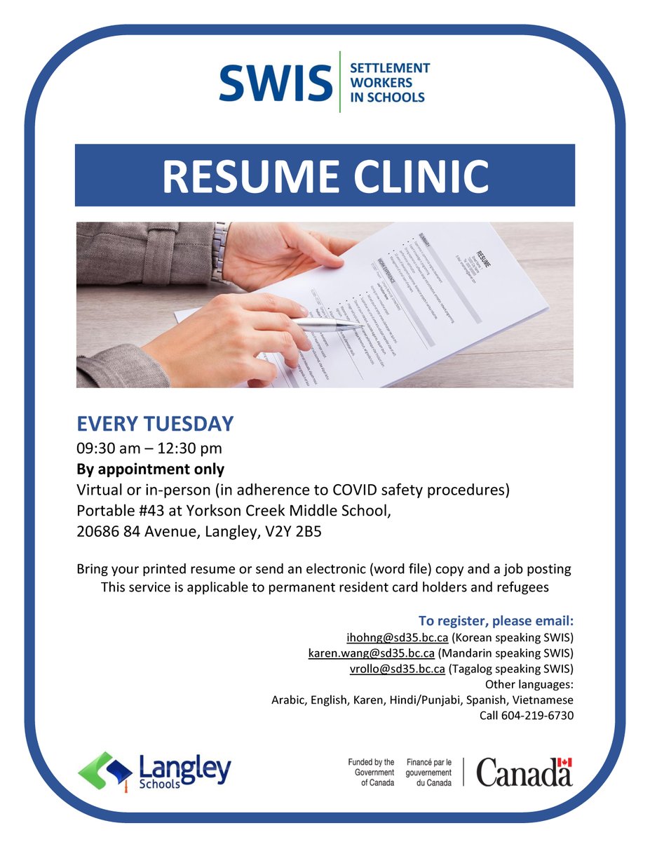 Every Tuesday, the Langley School District SWIS department hosts a resume clinic for Langley parents whose first language is not English. Services are provided by appointment, in a variety of languages. #Think35