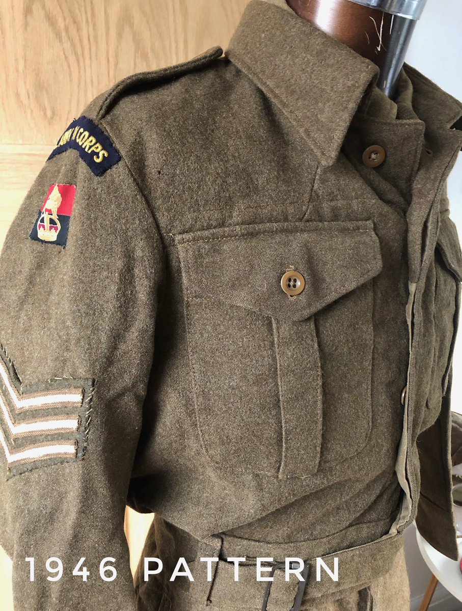 Post-war, battledress continued as the standard uniform of the British soldier to the 1960s. At the end of the war battledress was worn with collar and tie - the 1946 pattern was designed for this purpose, with tabs to fasten the collar - no hook & eyes  #BattledressThread