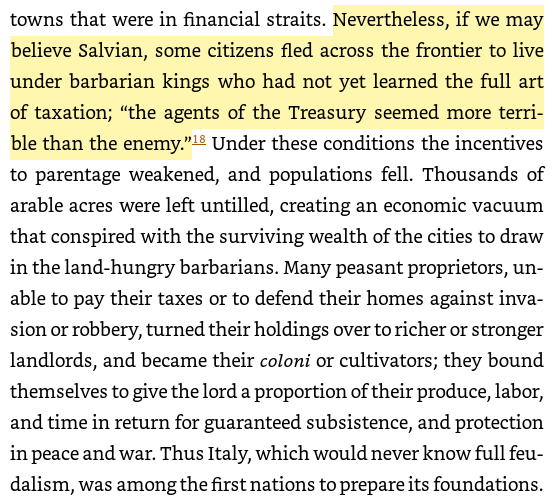 2/ Corruption, taxation, & the rise of feudalism"Nevertheless, if we may believe Salvian, some citizens fled across the frontier to live under barbarian kings who had not yet learned the full art of taxation; “the agents of the Treasury seemed more terrible than the enemy.”