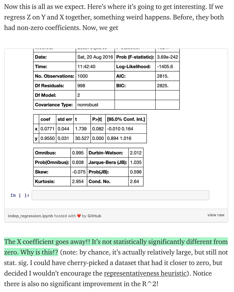 But if you asked them them to understand how X affects Z using only observational data they may collect all possible confounding variables (Y), put into a linear model to explain how those are affecting Z.Sound reasonable?What if X -> Y -> Z?=> the coefficient on X -> 0./4