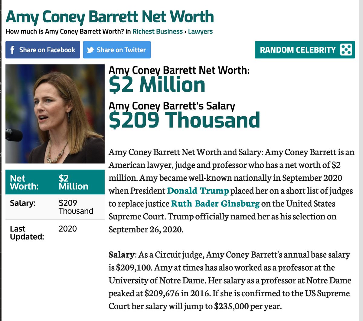 26/ Amy Coney Barrett's networth is over $2 million. But not "elite", right? https://www.celebritynetworth.com/richest-businessmen/lawyers/amy-coney-barrett-net-worth/Archive  https://web.archive.org/web/20201003195026/https://www.celebritynetworth.com/richest-businessmen/lawyers/amy-coney-barrett-net-worth/
