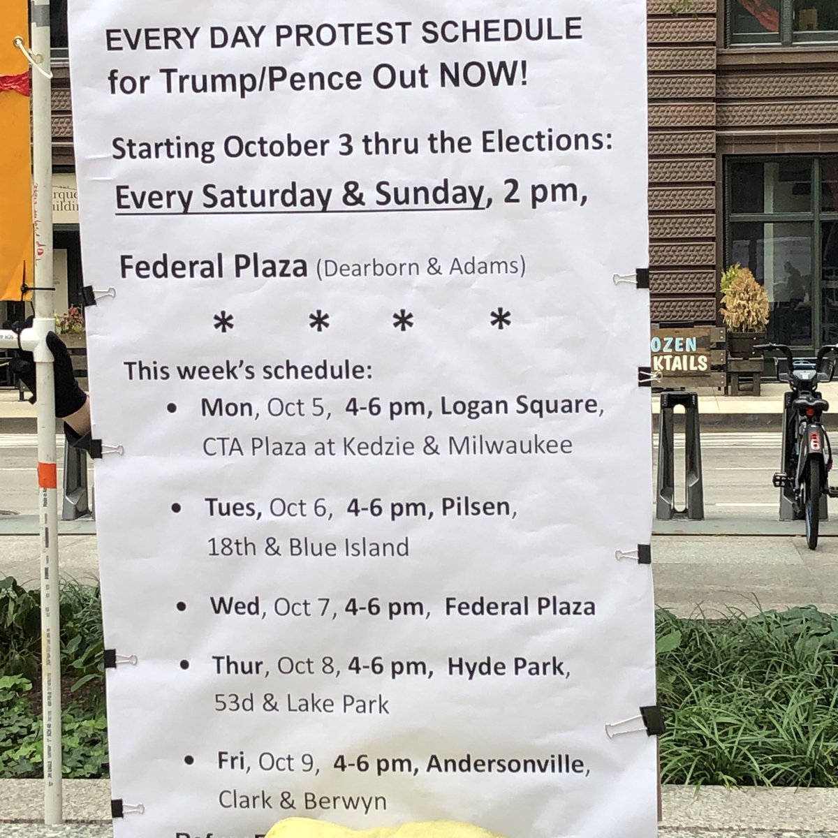 RefuseFascismCH's tweet photo. Weโre in Federal Plaza #Chicago #Oct3WeBegin protests day after day, because the election is being stolen NOW! Join the movement to demand #TrumpPenceOutNOW at these rallies ๐๐๐ https://t.co/1dENQ8fq9c
