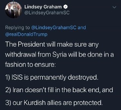 Congressional leaders voice concerns. On Dec 21 2019Sen.  @LindseyGrahamSC requests the admin to clarify for American people what would happen to the Kurds after withdrawal. Following a meeting with Trump on Dec 31 2019, Sen. Graham tweeted: 7/43