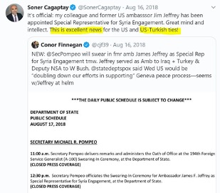 Mr. Jeffrey served as US Amb in Turkey (2008-2010) and was awarded as American Friend of Turkey by TurkofAmerica magazine https://turkofamerica.com/index.php/others/life-style/item/4876-american-friends-of-turkey-have-been-announcedWhen appointed as Special Rep for Syria in 2018, the US-based Turkish scholar Soner Cagaptay stated:9/43