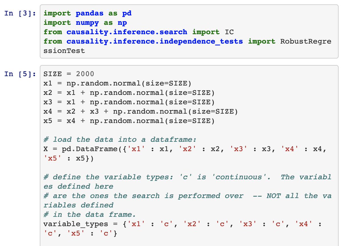 First we'll build the left graph and evaluate it.- Inspecting results: it did a decent job: finding 3/5 of relations, no incorrect ones, and verified one is a genuinely causal (X4->X5)- We use the IC* algorithm from  @akelleh's causality package here:  https://github.com/akelleh/causality/5