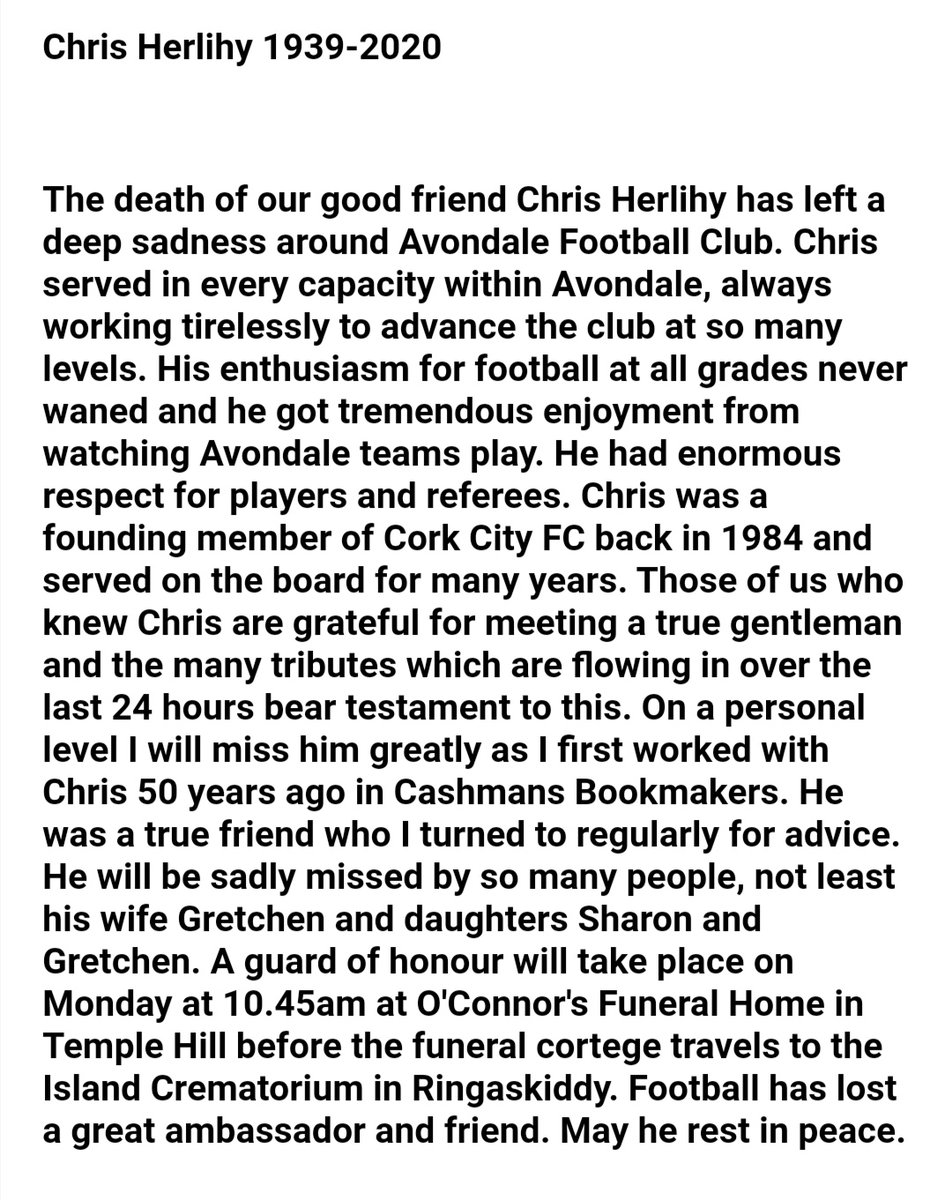 AvondaleUtdFC's tweet photo. Chris Herlihy 1939 - 2020 https://t.co/3CvI6vDM3h