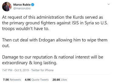 Senator @marcorbuio criticized Trump’s deal with Erdogan to attack the Kurdd. 19/43