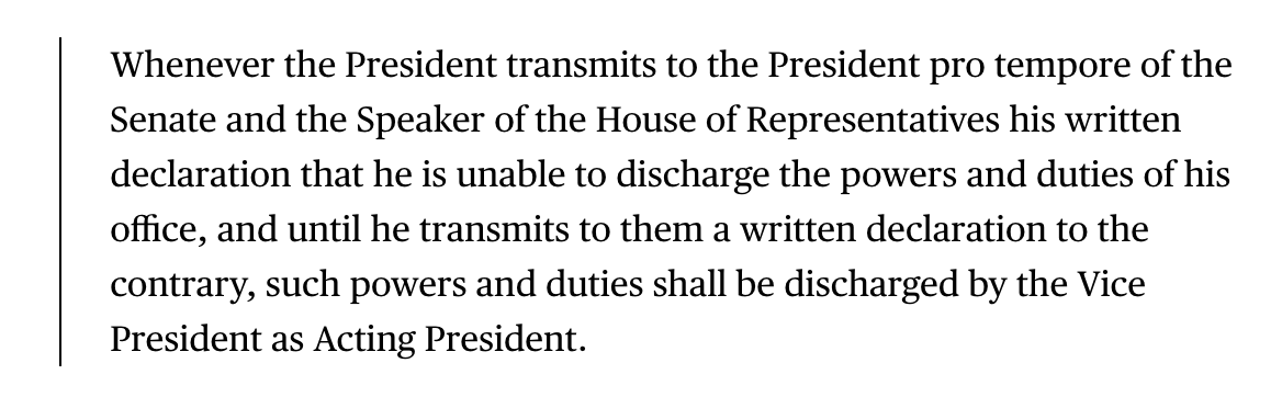 For some imaginable health outcomes, especially those associated with Covid-19, the 25th Amendment is ambiguous.It offers two different routes by which the transfer of power can occur. Under section 3, the president voluntarily transfers power to the VP  http://trib.al/r3xCtFM 