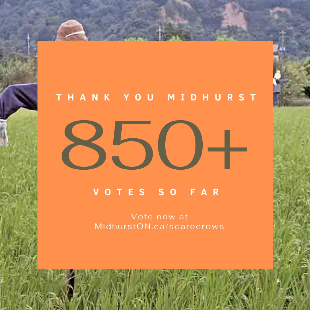 We've received over 850 votes in the Midhurst Scarecrow Contest in just one week and we are very grateful for your support. 

Can we get to 1000 votes before voting closes at midnight? Share the link with your friends: MidhurstON.ca/scarecrows