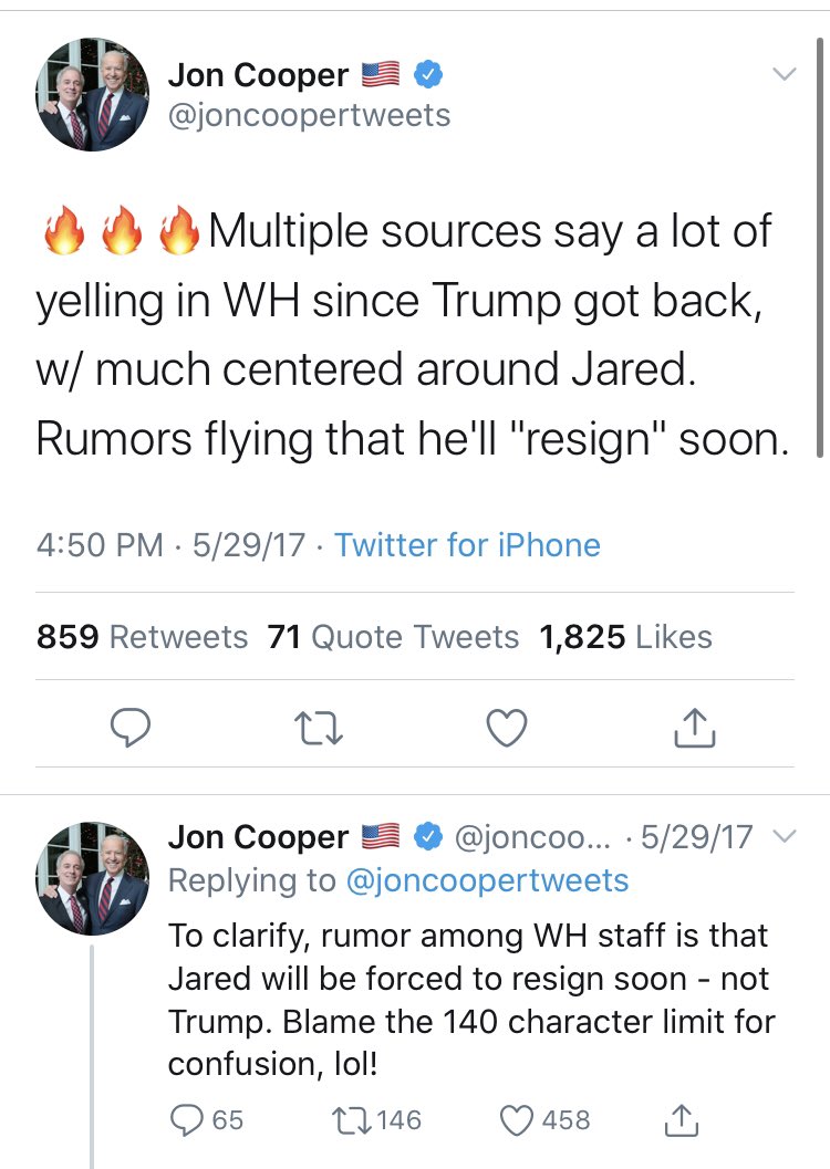 Perhaps my favorite  @joncoopertweets predication was that Kushner was on the way out, back in May of 2017. Kushner has since go on to broker multiple historic peace deals in the Middle East.