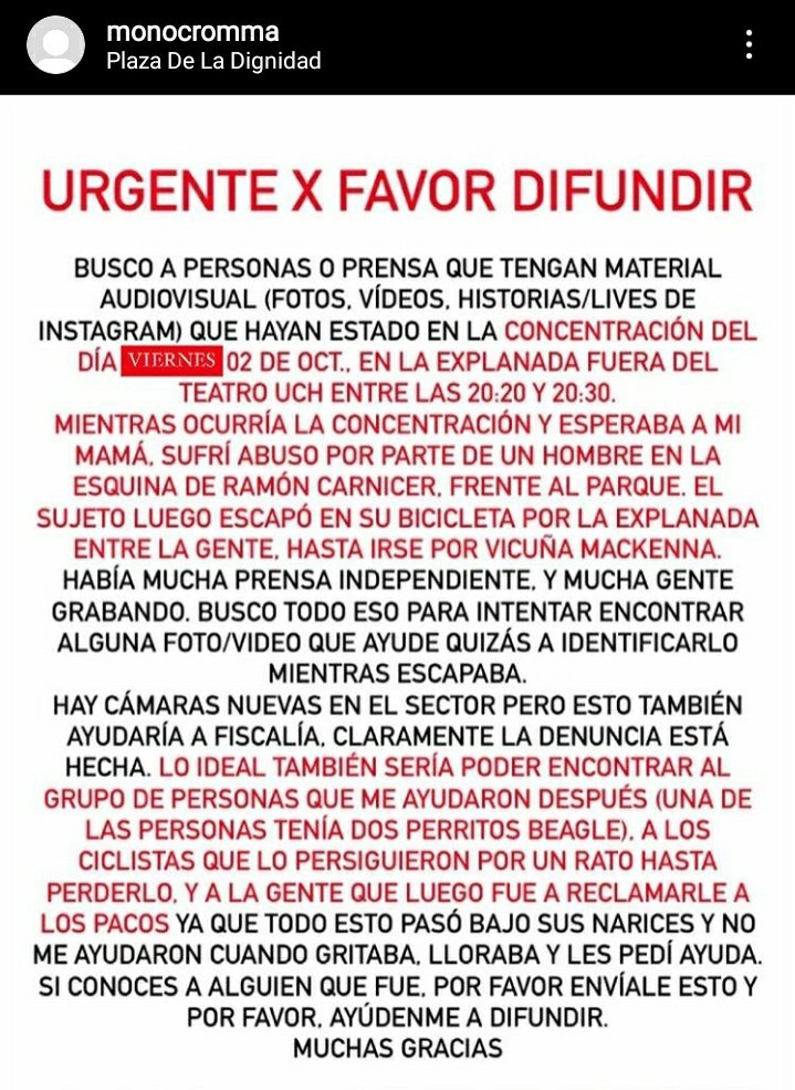 honeyand_i's tweet photo. 🔴DIFUNDIR #AlertaFeminista Amanda fue abusada sexualmente ayer en #PlazaDignidad Los pacos estaban al frente y no hicieron NADA. Ya hizo la denuncia y ahora está buscando registro para identificar al agresor y a quienes la ayudaron (sigue abajo) https://t.co/zXxckDlSbR