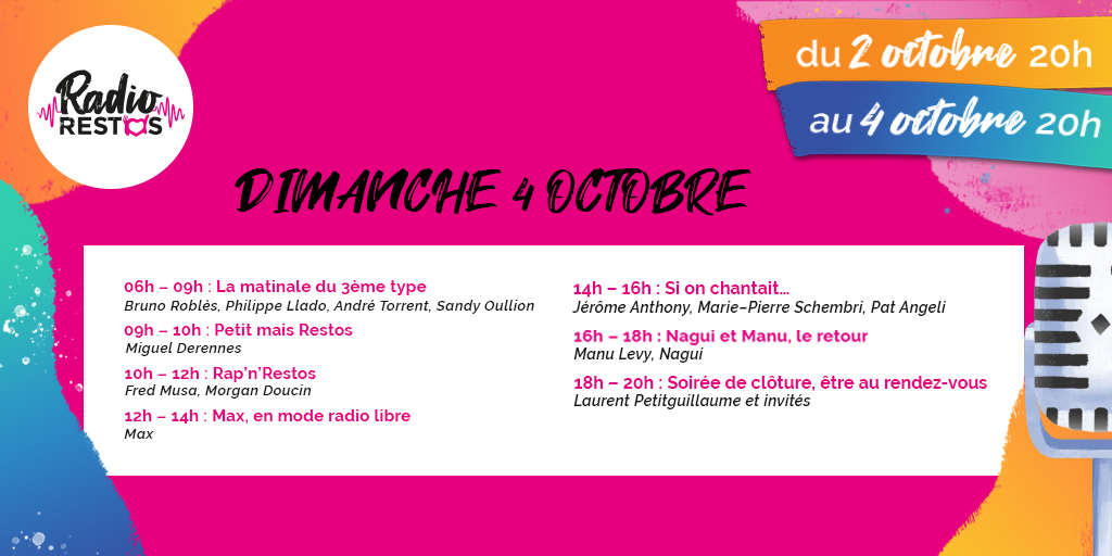 #RadioRestos : RDV dimanche dès 6h00 pour la dernière journée de cet incroyable défi en soutien aux Restos. Encore de grands moments à prévoir! Plus d'une 40ne d'animateurs et animatrices mobilisé.es depuis vendredi soir😍.Sur radio.restosducoeur.org #OnCompteSurVous