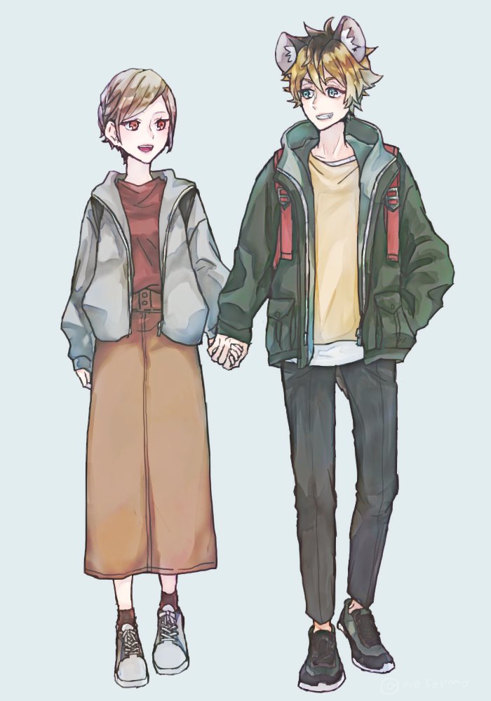 1girl 1boy skirt jacket pants smile short hair  illustration images