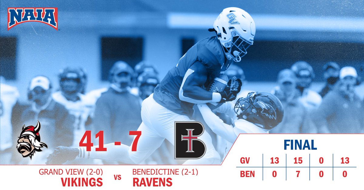 🏈| It's a final in the first #NAIAFootball Game of the Week of the season as <a href="/VikingAthletics/">Viking Athletics</a> defeats <a href="/ravenathletics/">Raven Athletics</a> 41-7 to move to 2-0 on the year! #NAIAGOW <a href="/CollegeFootball/">College Football</a> <a href="/espn/">ESPN</a>