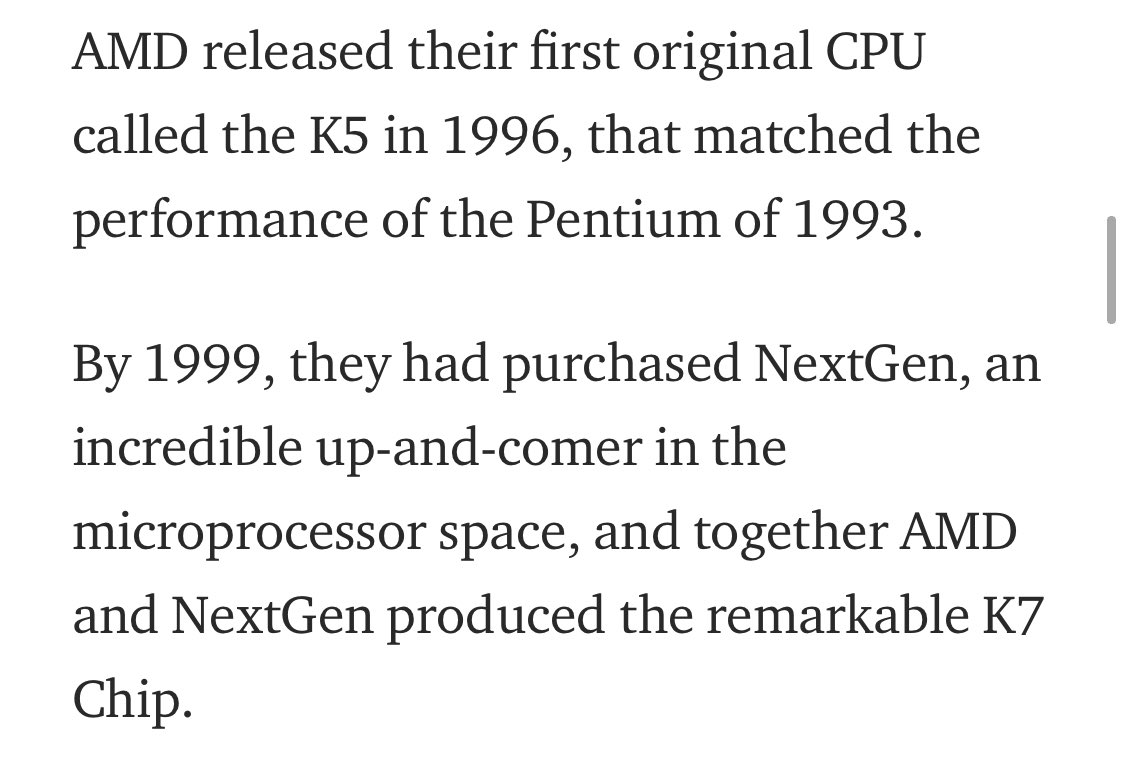 One of my mentors worked on K5. He told me back in 2001 that K5 was the “highest IPC x86 processor to date.” Not mentioned: low frequencies  Also, K6 was based off of NexGen, not K7.