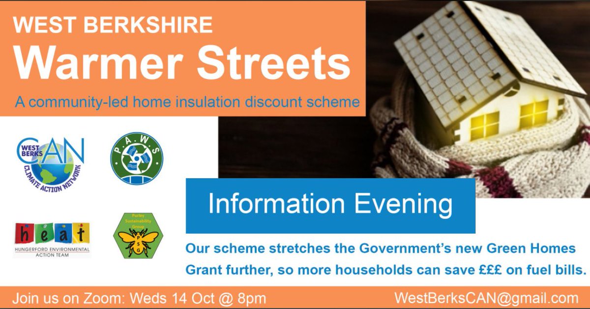 Warmer Streets is a community-led discount scheme for home insulation to make the best use of the government's Green Homes Grant saving you ££ on heating bills.

Join the Zoom call at 8pm on 14th October for more information. Email WestBerksCAN@gmail.com for the link.