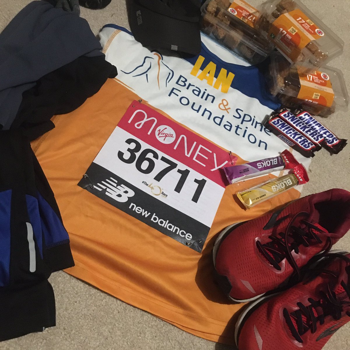 ianodonnell's tweet photo. Well it might not be a normal race but doesn’t mean I can’t post a #kitpic all ready for the virtual @LondonMarathon for @brainspine and flapjacks for the feed stations for everyone from @Massey_Runners https://t.co/c3dGFDkNU9