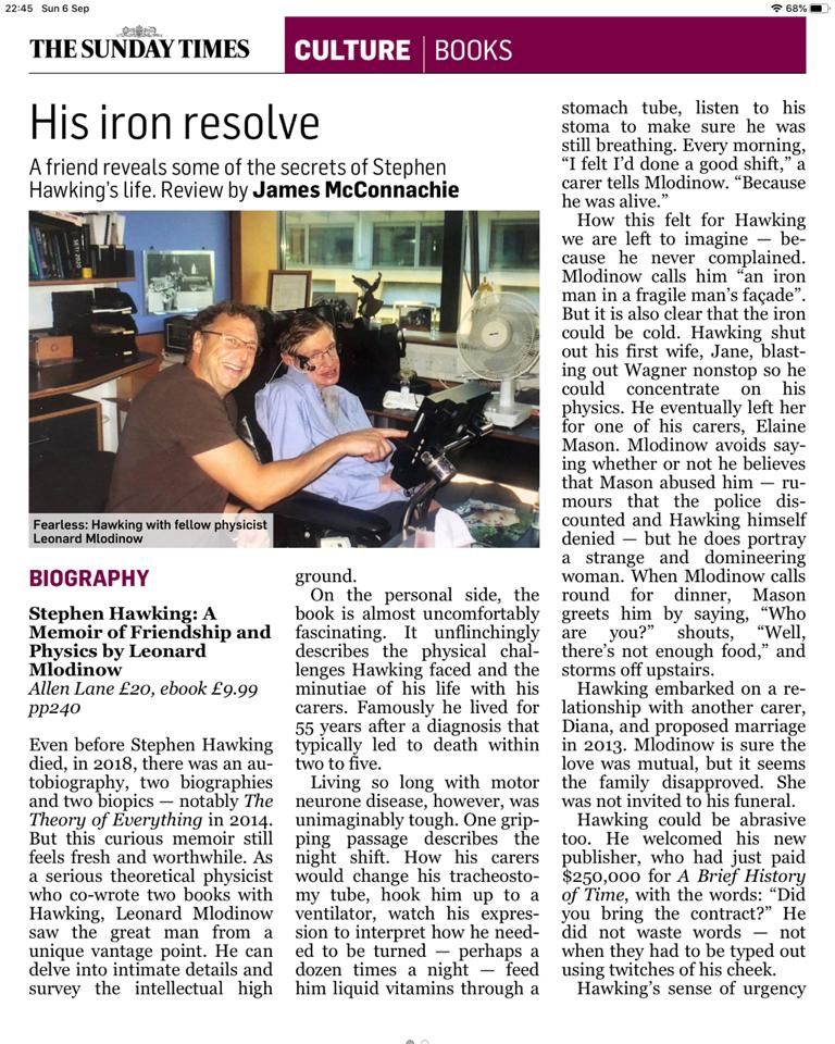 His Iron Resolve 💪 is right! @TheTimes hit the nail on the head with this one. The link to the book is in my bio!! #TheTimes #TheSundayTimes #BookReivew #StephenHawking #Memoir #Books #Reading