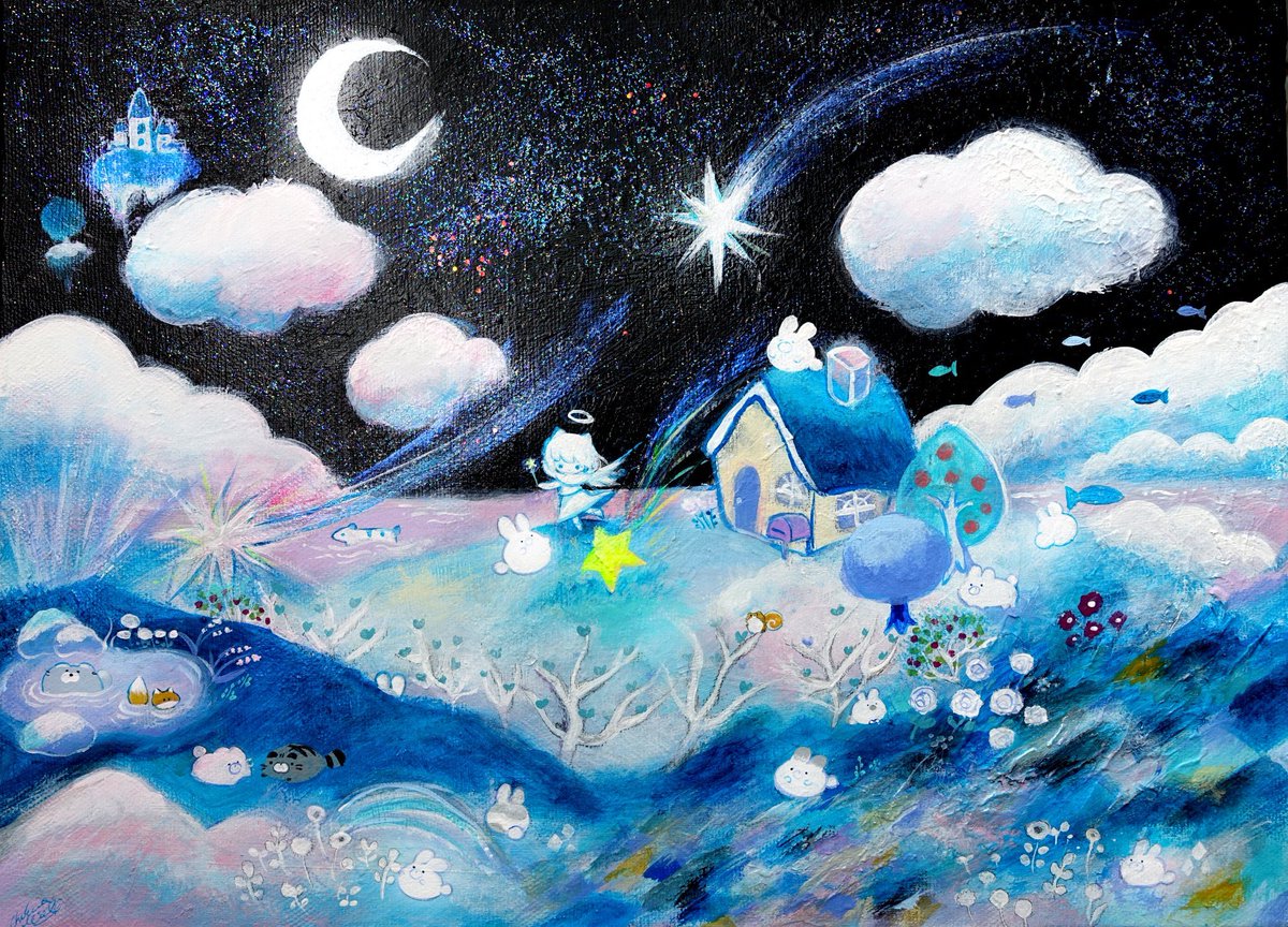 moon crescent moon traditional media star (sky) rabbit painting (medium) cloud  illustration images