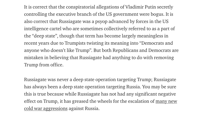 Both Republicans and Democrats are mistaken in believing that Russiagate had anything to do with removing Trump from office. Russiagate's target was never Trump, it was Russia.