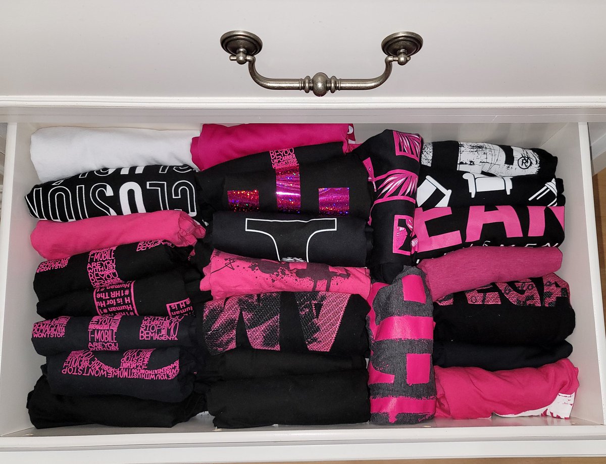 JoyIMunoz's tweet photo. New furniture = organized TMO tees drawer. I had not realized how many I had. What this picture does not show are all the ones that are now too big on me and are folded flat under this bunch. #TMOlife #HRforAll #BeYou #BeMagenta https://t.co/WSHg5Em5w7