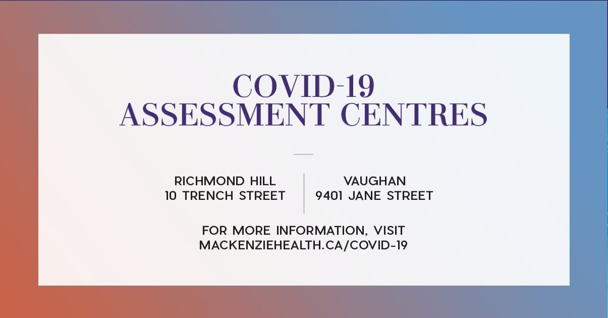 To book an appointment at one of our  #COVID19 Assessment Centres, call 905-883-1212 ext. 2004 or 905-417-2004, OR use your MyChart account if you’re a former patient. For more info visit  http://mackenziehealth.ca/covid-19 .