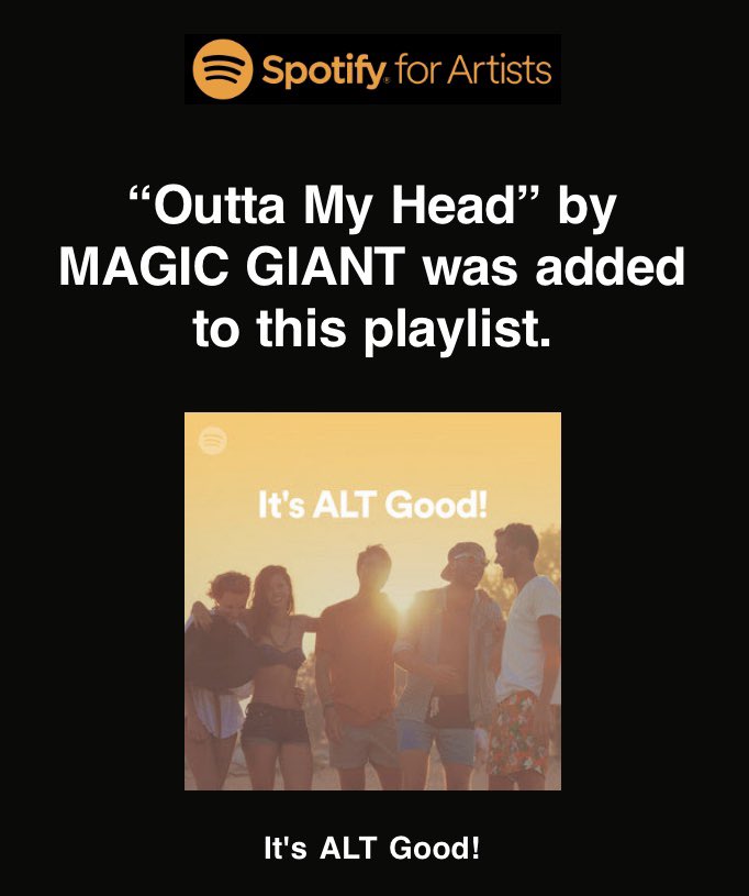 Thanks so much <a href="/Spotify/">Spotify</a>! Listen to Outta My Head on the “It’s ALT Good!” playlist here: spoti.fi/3njj24u