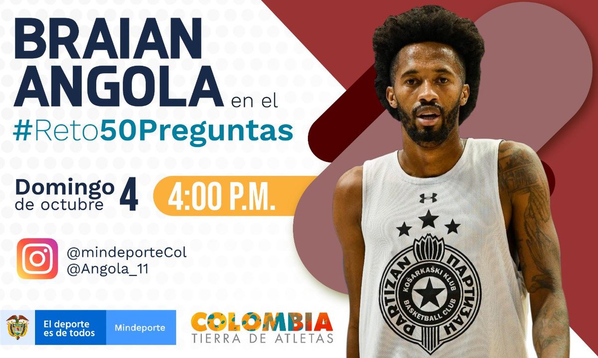 Prepárate, este domingo 4 de octubre, para nuestro #Reto50Preguntas con el basquetbolista @angola2411. La cita es a las 4:00 p.m. por #InstagramLive. 👉 instagram.com/mindeportecol/