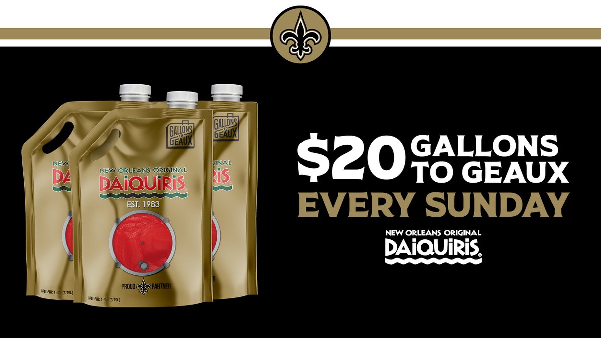 Tomorrow is #SaintsGameDay! ⚜️

Complete your home tailgates with $20 Gallons To Geaux® every Sunday.

Be sure to follow <a href="/NOODaiquiris/">New Orleans Original Daiquiris</a> for Saints specials all season long!
